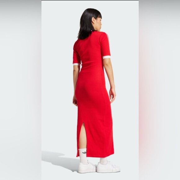 NWT Adidas Red V-Neck 3 Stripes Short Sleeve Athletic Stretch Bodycon Dress XS - Picture 4 of 4